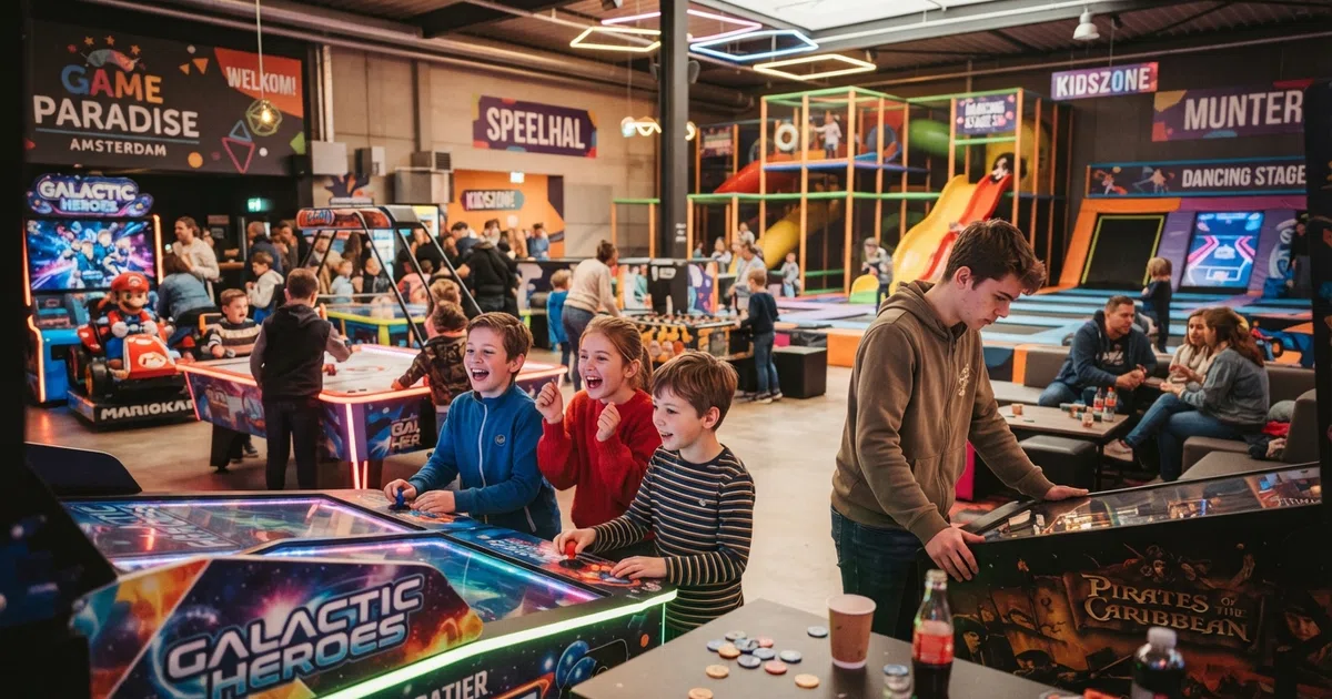 Een overdekte speelhal in Nederland met arcade-automaten, flipperkasten en kleurrijke verlichting — bezoekers van verschillende leeftijden spelen verspreid door de ruimte