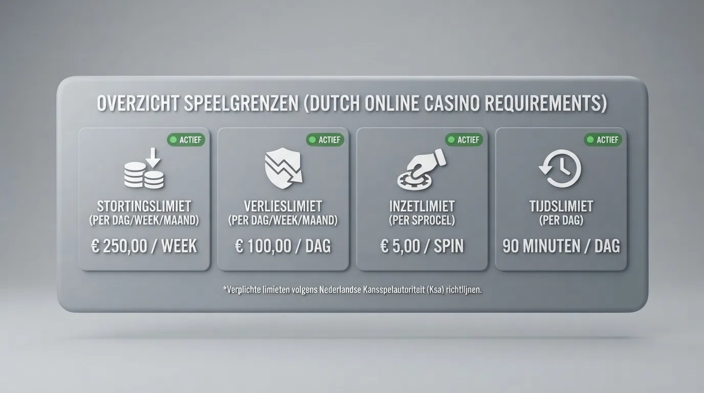 Een overzichtelijk dashboard met vier soorten speellimieten — stortingslimiet, verlieslimiet, inzetlimiet en sessieduurlimiet — elk met een ingesteld bedrag in euro's of een tijdsduur in minuten naast een bolletje dat aangeeft welke limiet actief is.