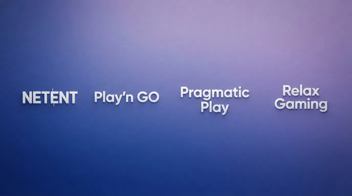 De logo's van NetEnt, Play'n GO, Pragmatic Play en Relax Gaming onder elkaar met daaronder de casino's die ze aanbieden.