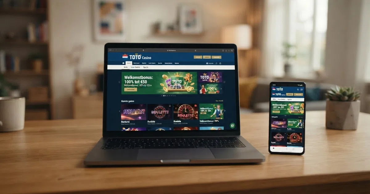 Een schermafbeelding van de TOTO Casino homepage op een laptop en smartphone, met het Nederlandse Loterij-logo zichtbaar in de header.