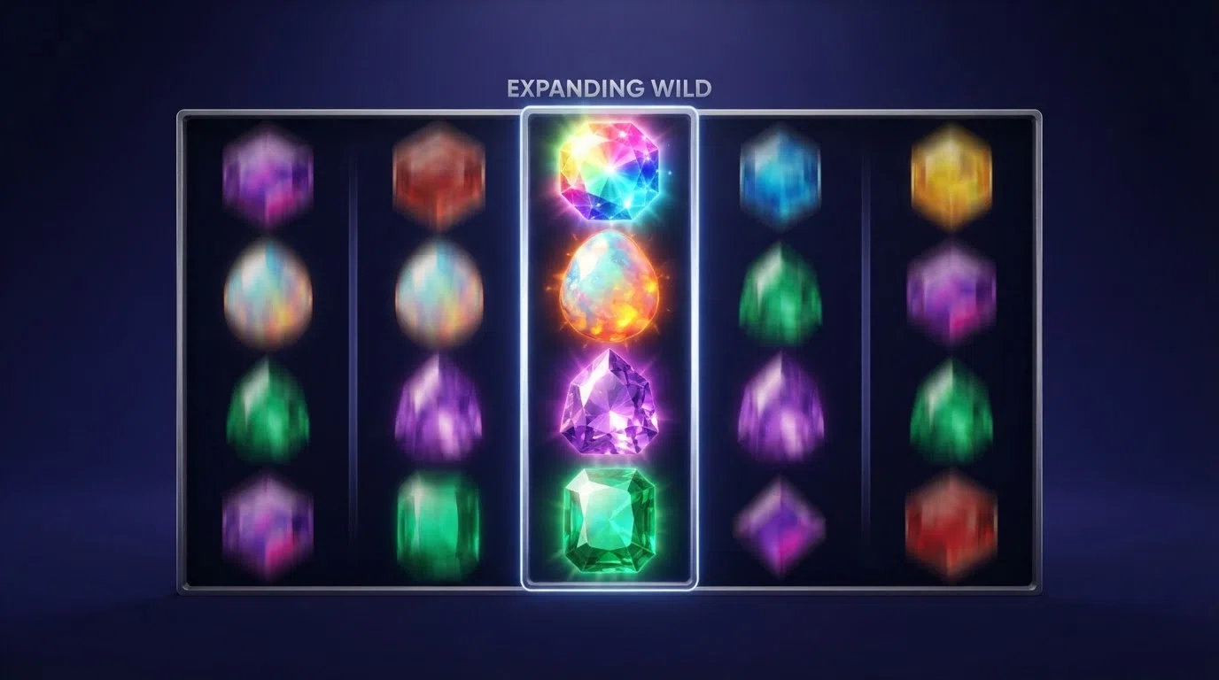 Close-up van een expanding Starburst Wild die een volledige reel in regenboogkleuren vult terwijl de andere reels opnieuw draaien
