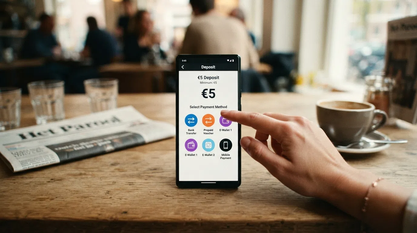 Een rij betaaliconen — iDEAL, Paysafecard, Skrill, PayPal en Apple Pay — boven een stortingsformulier met €5 als ingevuld bedrag.