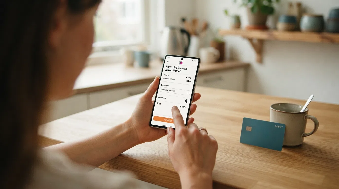 Het stortingsscherm van een online casino met Visa- en Mastercard-opties naast de iDEAL-knop, een Nederlandse bankpas ligt ernaast