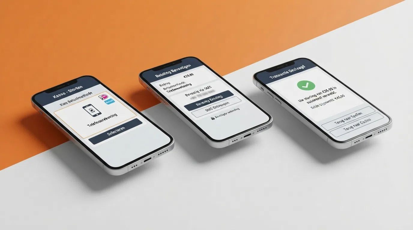 Een schematisch stappenplan op een smartphone-scherm: (1) kies casino en ga naar de kassa, (2) selecteer telefoonrekening als betaalmethode, (3) bevestig het bedrag via een sms-code.
