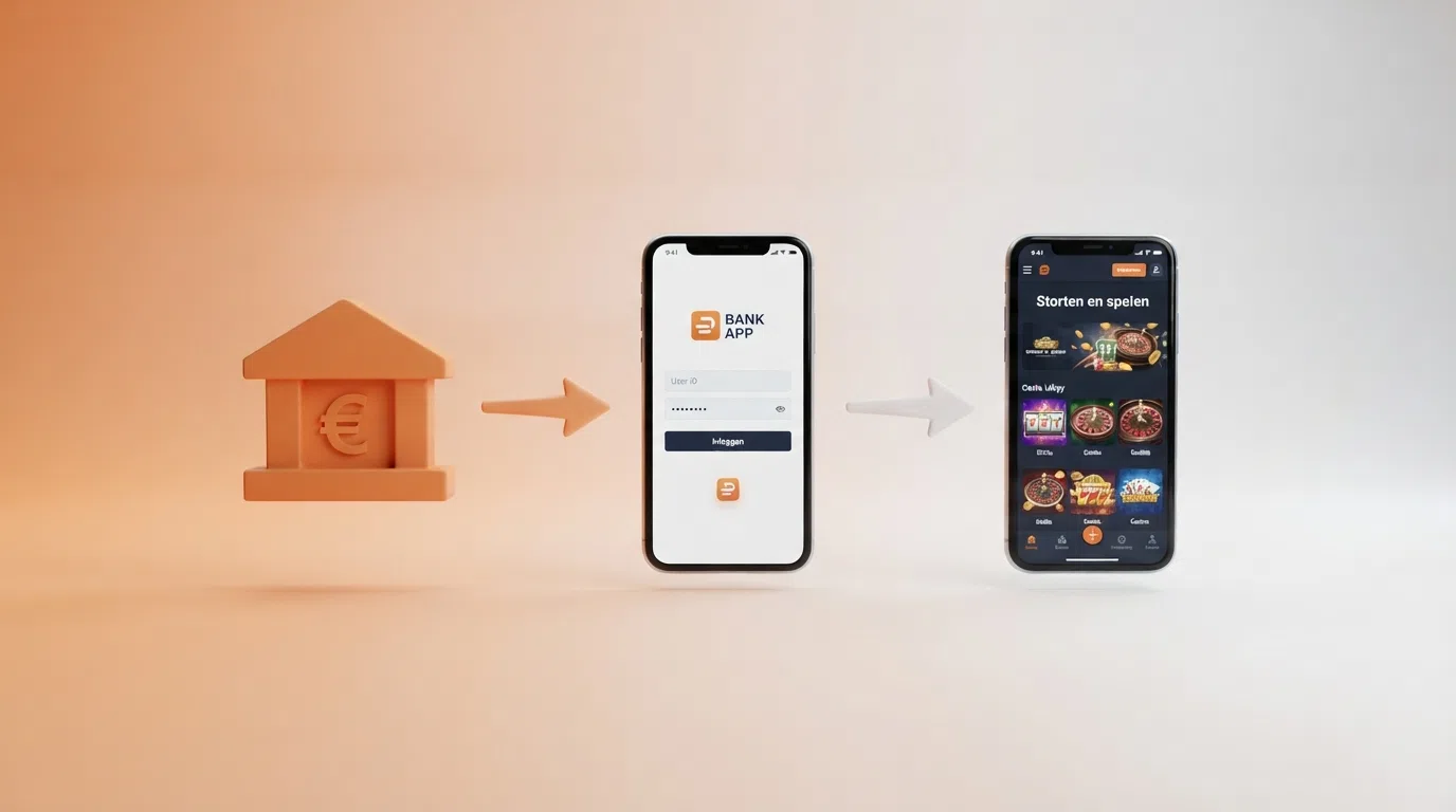 Een schematische weergave van de drie stappen van Pay N Play: bank selecteren, inloggen met bankapp, direct spelen — zonder registratieformulier.