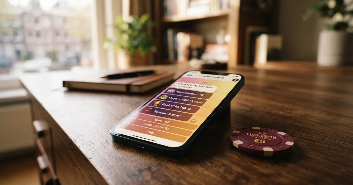 Een smartphone met het Telegram-appscherm waarop een casino-bot een welkomstbericht en speltitelopties toont