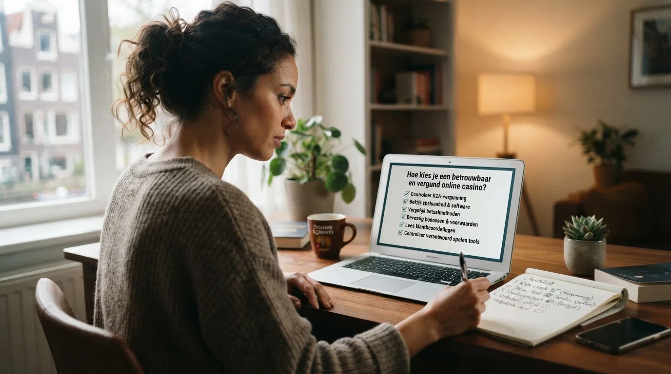 een Nederlandse speler aan een laptop met op het scherm een casino-vergelijkingspagina, naast een notitieblok met 'KSA-check', 'demo-test' en 'stortingslimiet' als genoteerde stappen