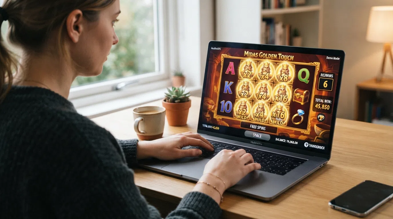 een screenshot van de demo-modus van een Thunderkick-slot (bijvoorbeeld Midas Golden Touch), met het saldo in speelgeld zichtbaar en een bonusfeature actief