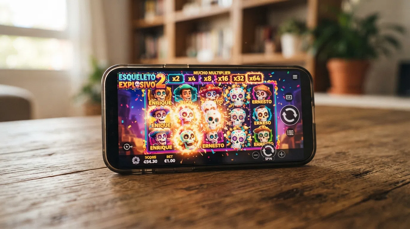 een smartphone in landscape-stand met een Thunderkick-slot (bijvoorbeeld Esqueleto Explosivo 2) zichtbaar in de mobiele browser, zonder gedownloade app-icoon
