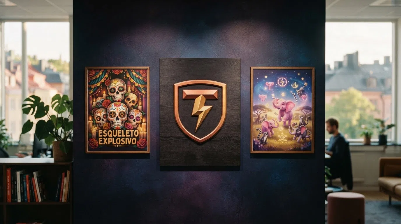 het Thunderkick-logo op een donkere achtergrond met gestileerde slotillustraties van Esqueleto Explosivo en Pink Elephants ernaast