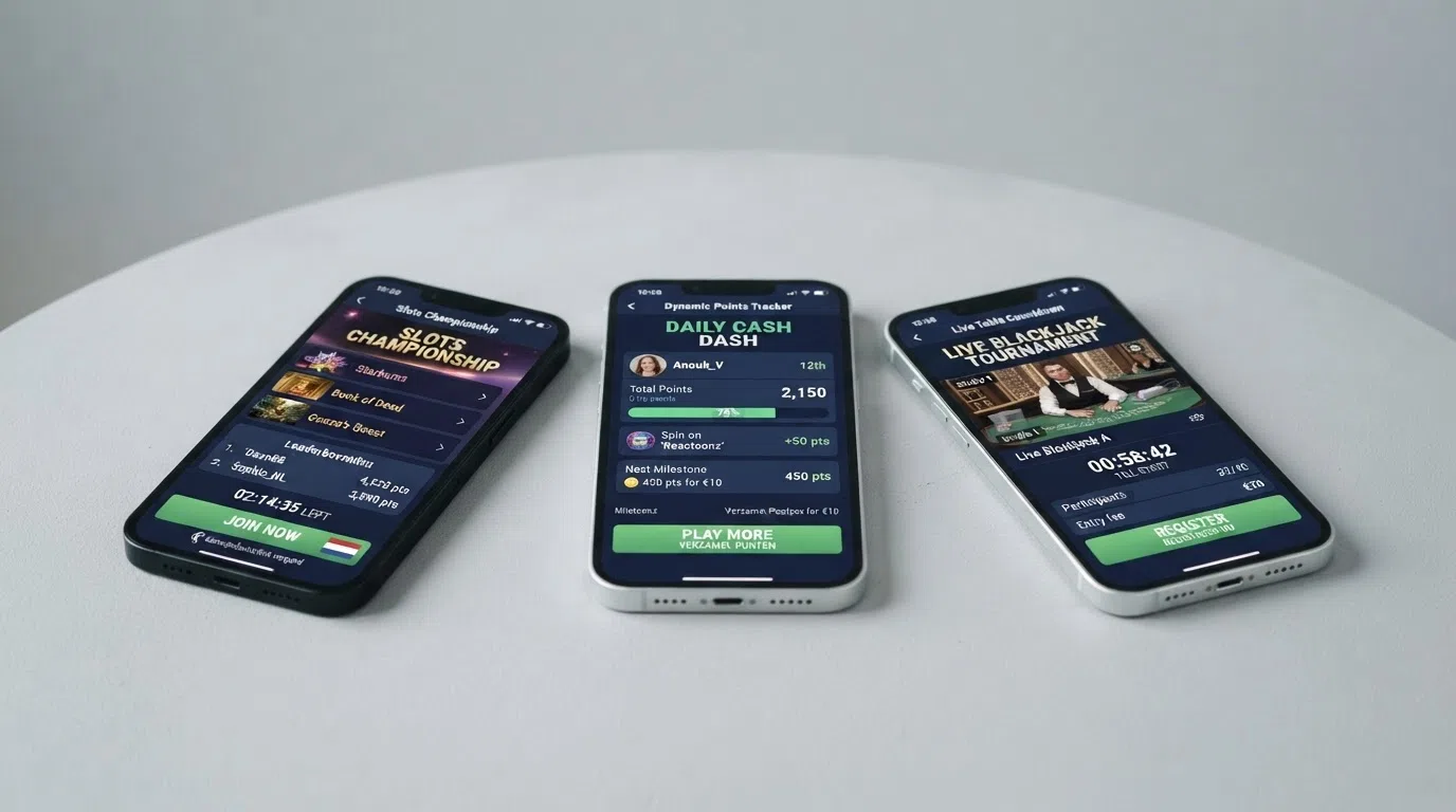 Een overzicht van de logo's of interfaces van meerdere Nederlandse KSA-vergunde online casino's met toernooi-aanbod, naast elkaar