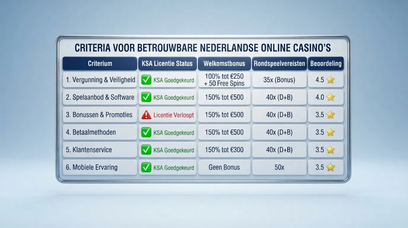 Vergelijkingstabel met de tien best beoordeelde online casino's, gesorteerd op KSA-vergunningsstatus