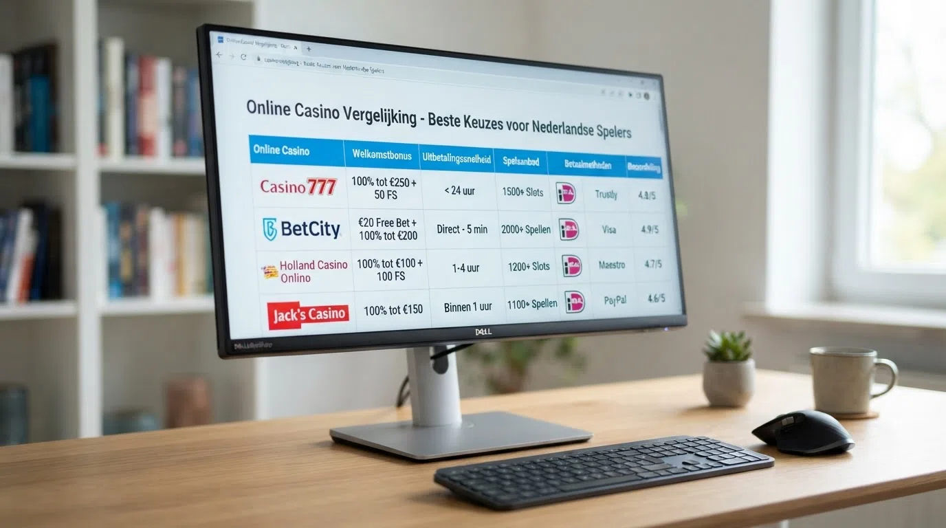 Een overzichtelijke vergelijkingstabel van online casino's met KSA-logo's en bonusbedragen op een beeldscherm