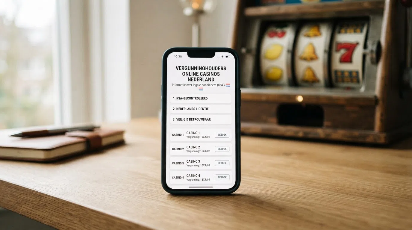 Een overzichtelijke vergelijkingstabel op een telefoonscherm, met daarnaast de logo's van de besproken casino's en een klassieke fruitautomaat op de achtergrond