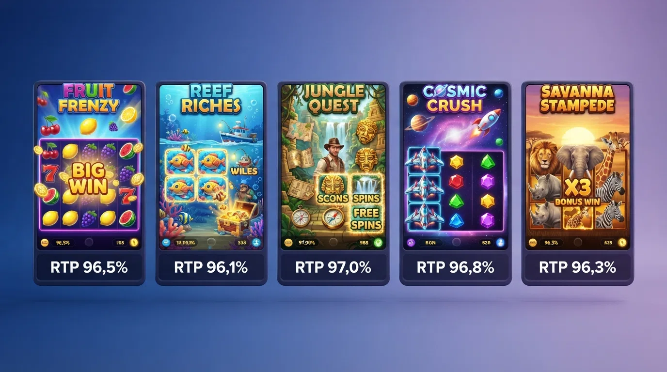 Een raster van vijf gokkast-tegels — Sweet Bonanza, Big Bass Bonanza, Book of Dead, Starburst en Wolf Gold — met RTP-percentages onder elke titel