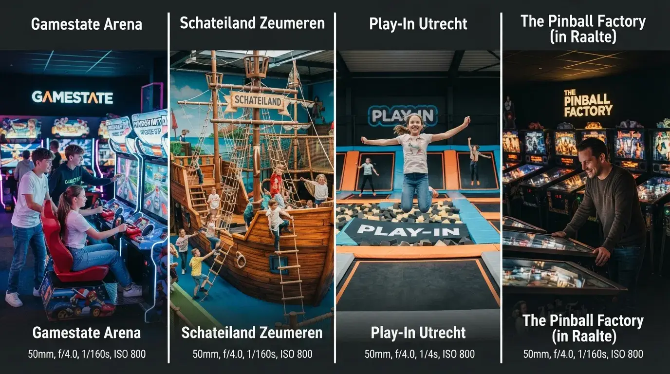 Een collage of overzichtsfoto van de gevels en interieurs van meerdere speelhallen uit de top 10 — Gamestate Arena, Schateiland Zeumeren, Play-In Utrecht en The Pinball Factory herkenbaar in beeld