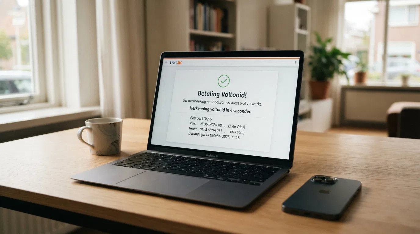 Een laptopscreen met het Trustly Pay N Play-betaalscherm: een banklogo, een bevestigingsknop en de tekst “Herkenning voltooid in 4 seconden”