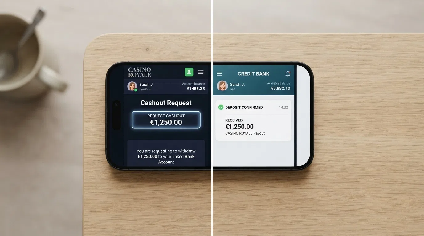 Een split-screen dat links de uitbetalingsknop van een online casino toont en rechts een bank-app met een bijschrijving van hetzelfde bedrag