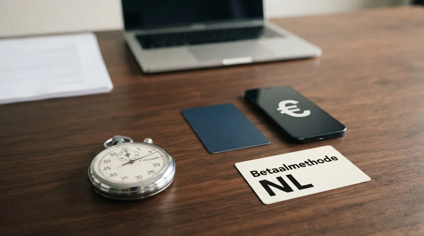 Een stopwatch naast drie betaalmethoden — een iDEAL-logo, een bankpas en een smartphone met een bankapp — met oplopende tijdsaanduidingen van “1 minuut” naar “3 werkdagen”.