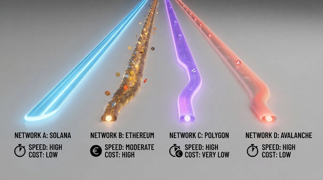 Een visuele vergelijking van blockchain-netwerken voor USDC-transacties met snelheids- en kostenindicatoren per netwerk