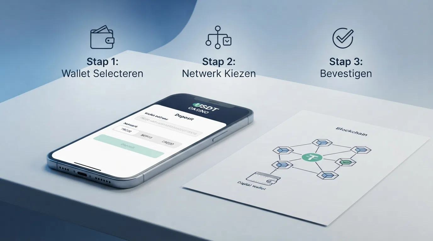 Een stroomschema of schermafbeelding van het stortingsproces: wallet, casino-adres, bevestiging — met de drie netwerkopties TRC20, BEP20 en ERC20