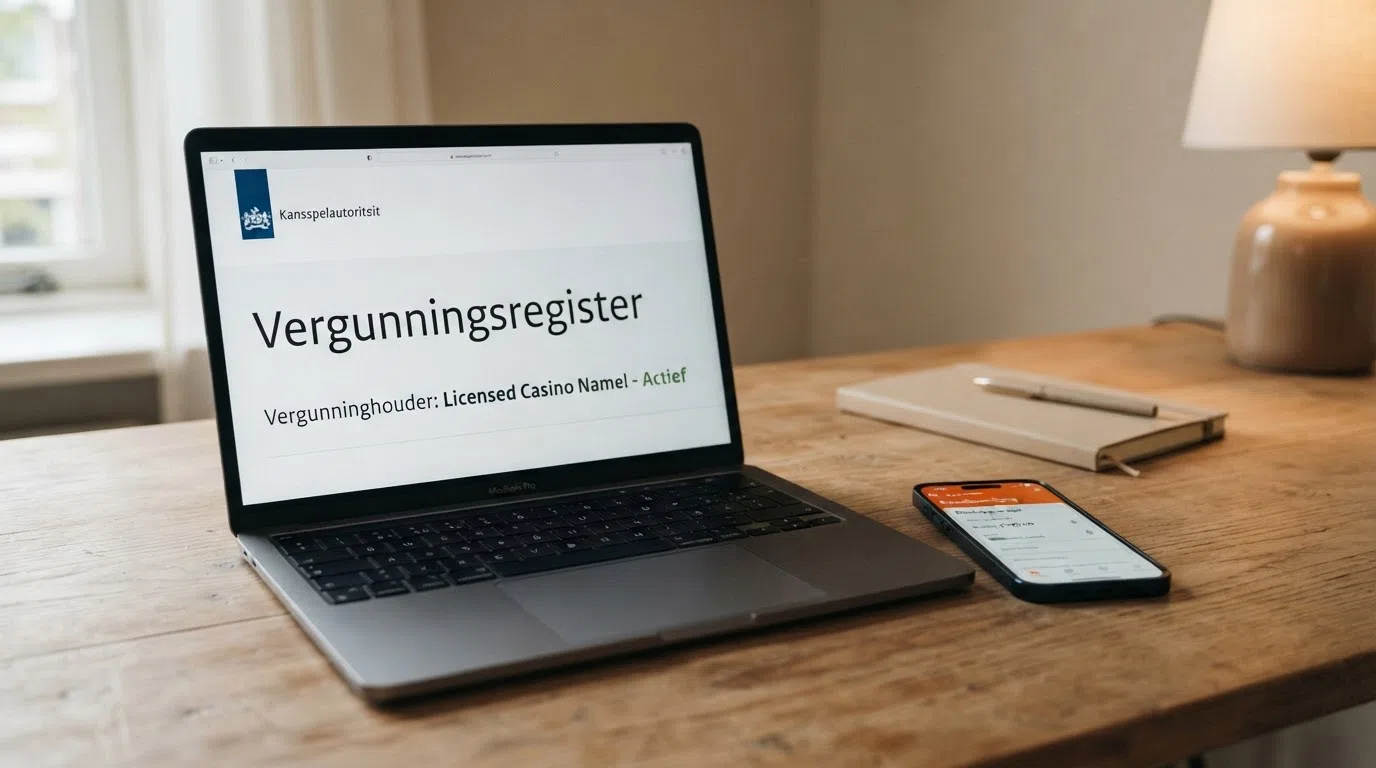 Het Kansspelautoriteit-logo op de website van een vergund Nederlands online casino naast het Ksa-vergunningenregister