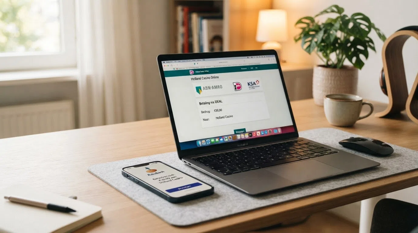 Een laptop en telefoon met het iDEAL-betaalscherm naast het KSA-keurmerk op een casinopagina