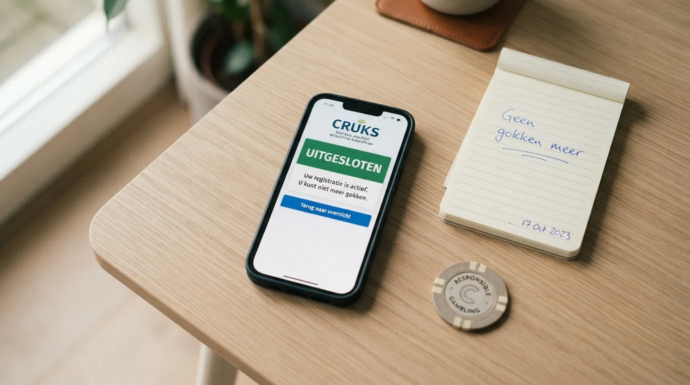 Een smartphone met het CRUKS-registratiescherm en een notificatie “Uitgesloten” — de digitale zelfuitsluiting als bescherming