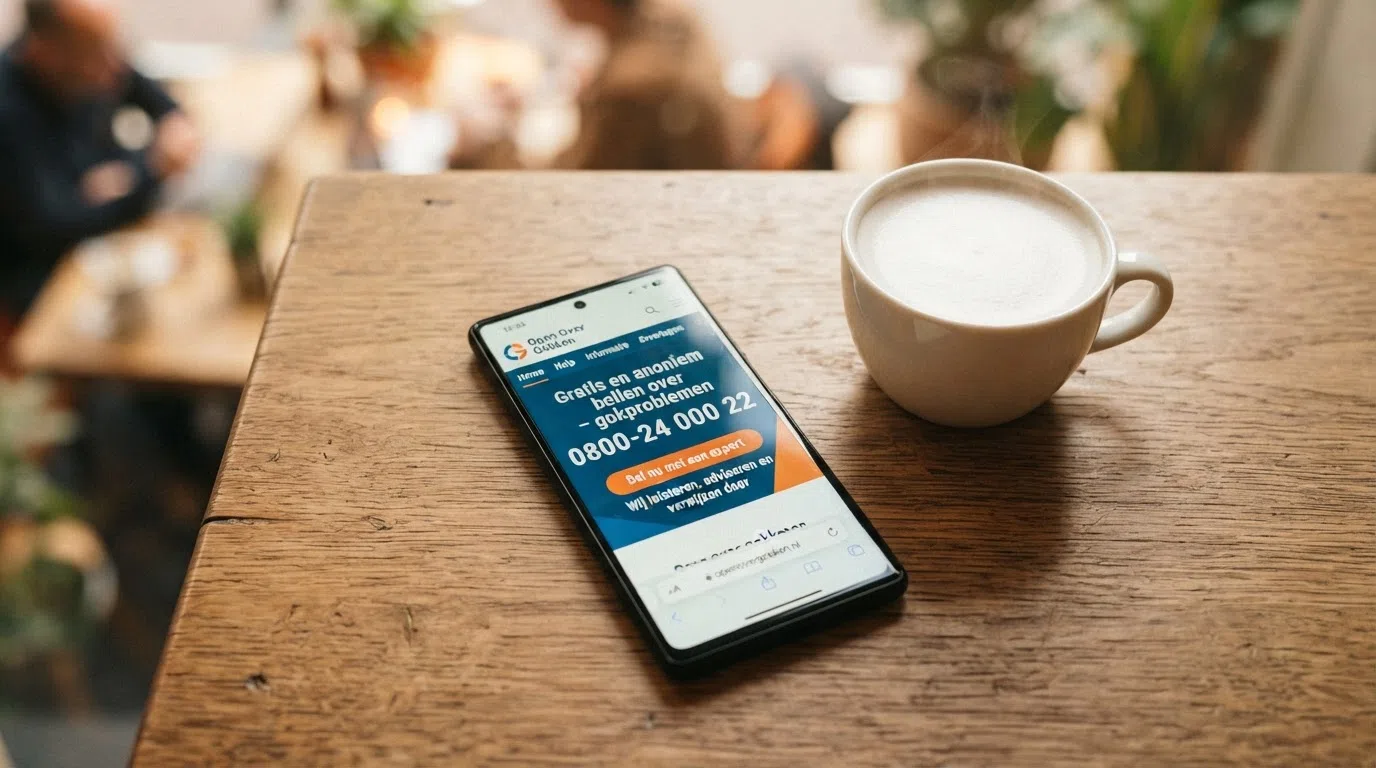 Een smartphone toont het startscherm van de Open Over Gokken-website met de gratis hulplijn 0800-24 000 22 prominent in beeld, met een kop koffie ernaast