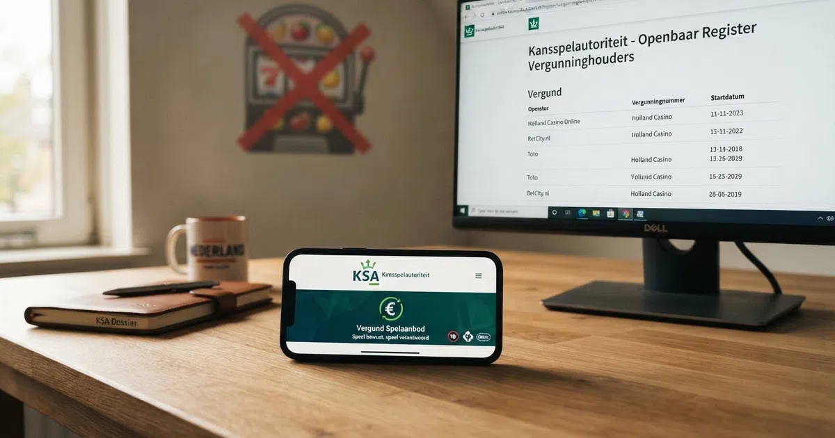 Een scherm met het KSA-logo en een groen keurmerk, op de voorgrond een smartphone die het vergunningenregister toont, met op de achtergrond een grijs en doorgestreept slotsymbool dat een illegaal casino symboliseert