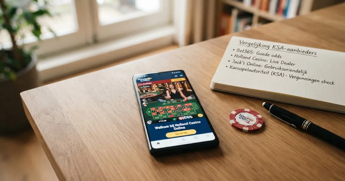 Tien online casino-logo's in een rij onder het KSA-keurmerk op een laptopscherm, met daarnaast een notitieblok met pen