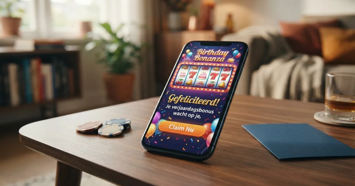 Een online casino-interface met een felicitatiebericht en een verjaardagsbonus-aanbod op het scherm