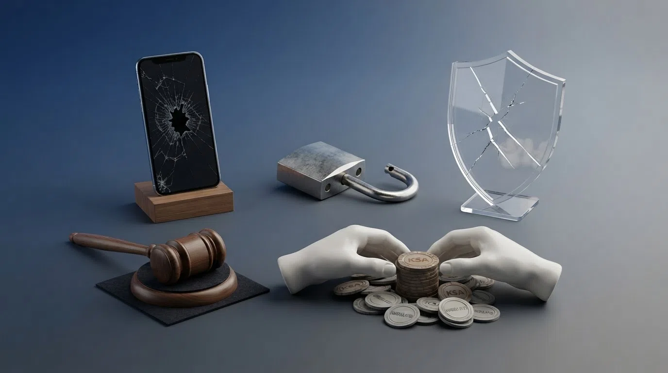 Een stilistische weergave van vijf beschermingslagen — een slot, een schild, een weegschaal, twee handen die geld scheiden en een telefoon met een hulplijn — die één voor één uit beeld verdwijnen