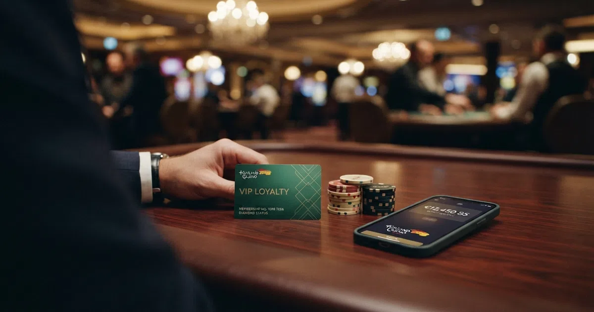 Een close-up van een casino-loyaliteitskaart op een speeltafel, met fiches en een telefoon die een casino-app toont op de achtergrond