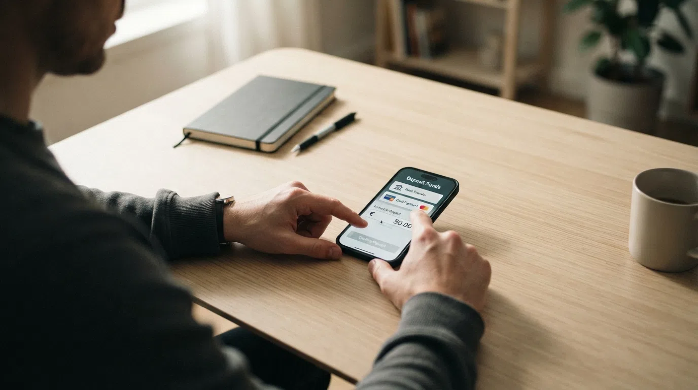 Een smartphone toont het stortingsscherm van een online casino met iDEAL en Visa als betaalopties naast elkaar