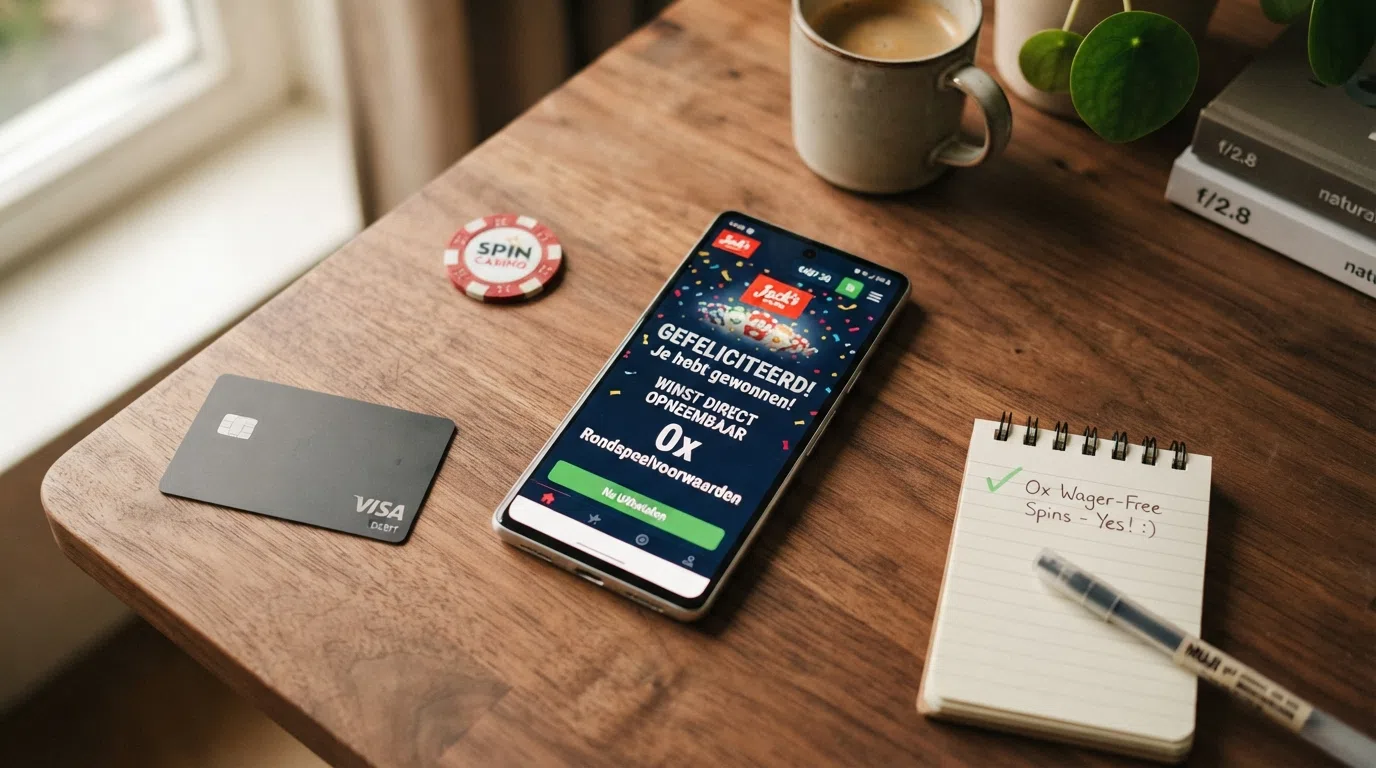 Een telefoonscherm met een casino-app waarop “Winst direct opneembaar — 0x rondspeelvoorwaarden” prominent in beeld staat.