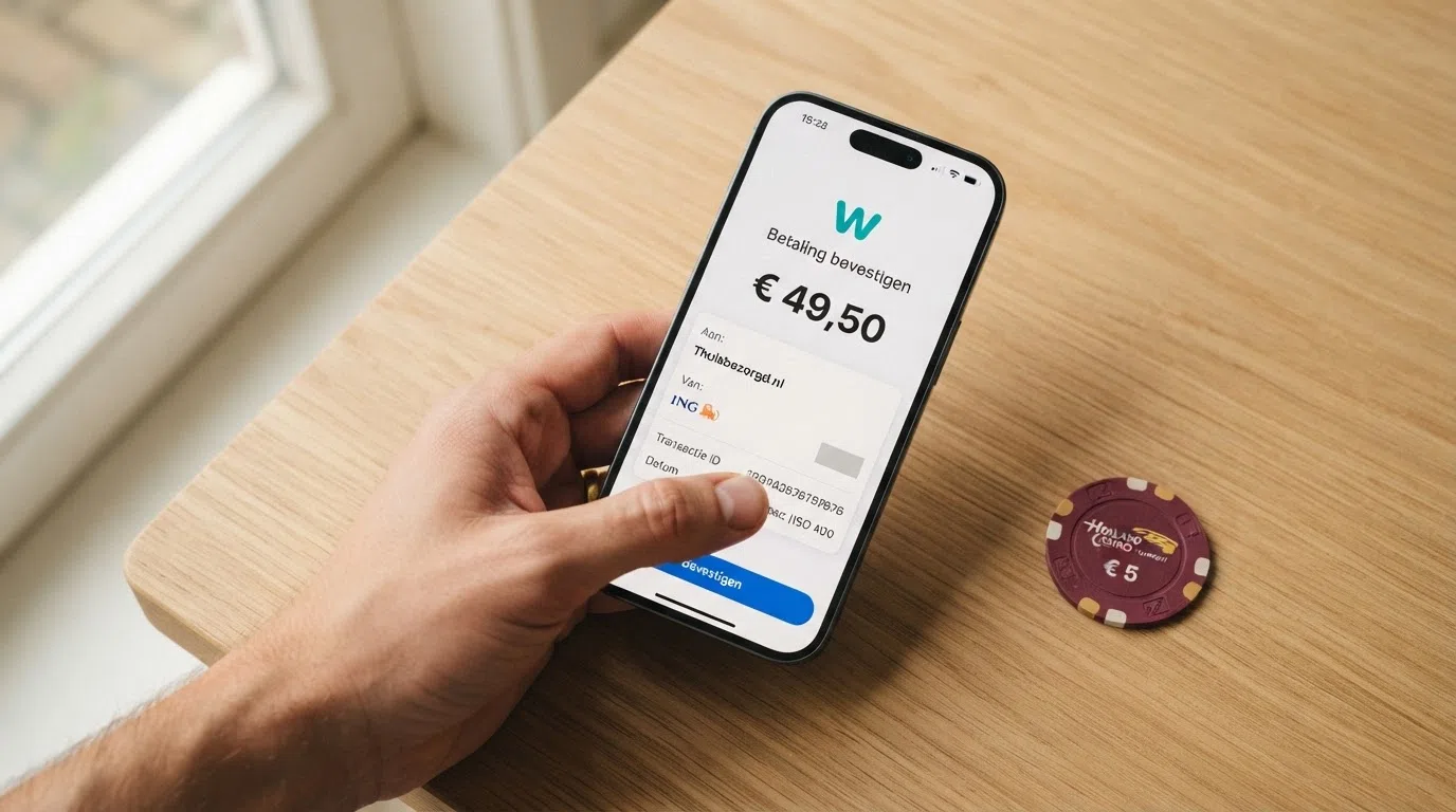 De schermen van een Wero-storting: bank-app openen, bedrag controleren en betaling bevestigen met een vingerafdruk