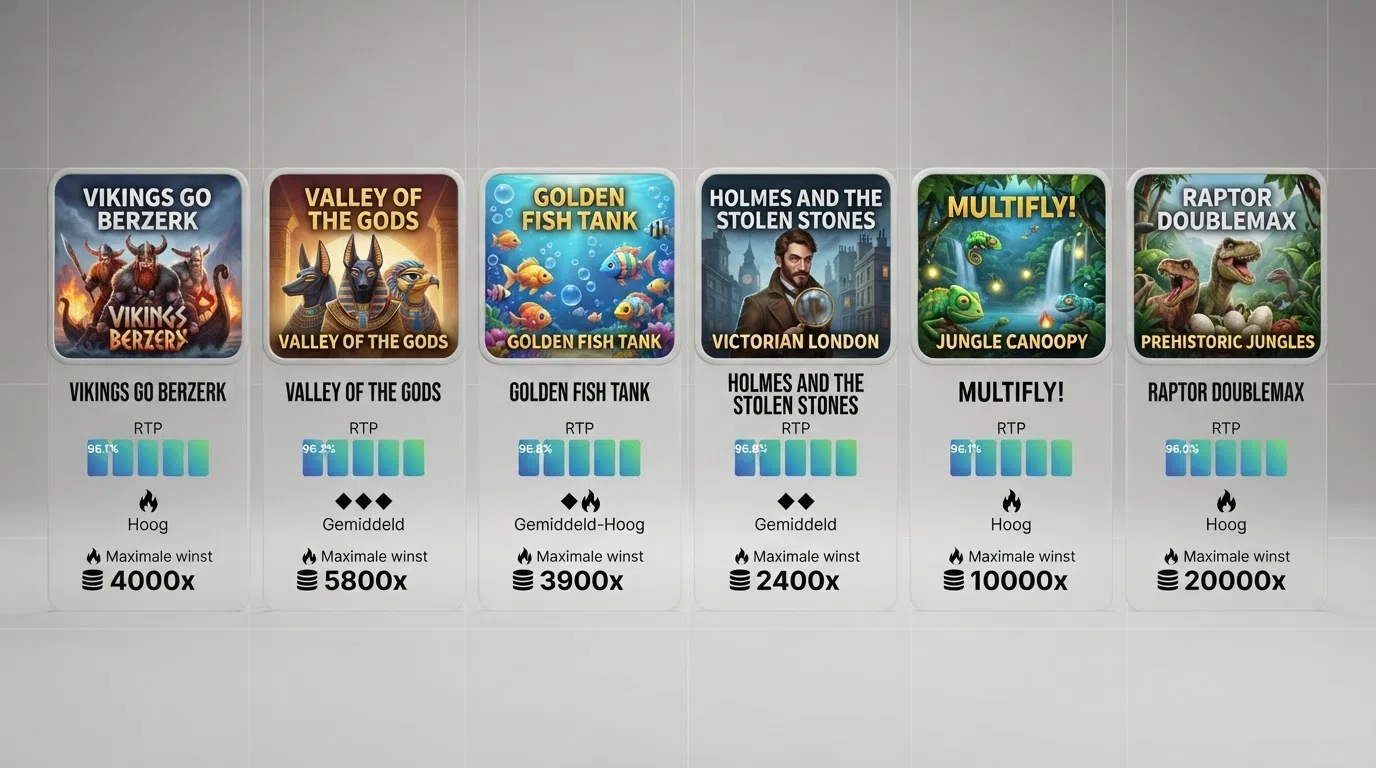 Zes Yggdrasil-gokkasten naast elkaar met hun RTP-percentages, volatiliteit en maximale winstbedragen in een overzichtelijke grafiek